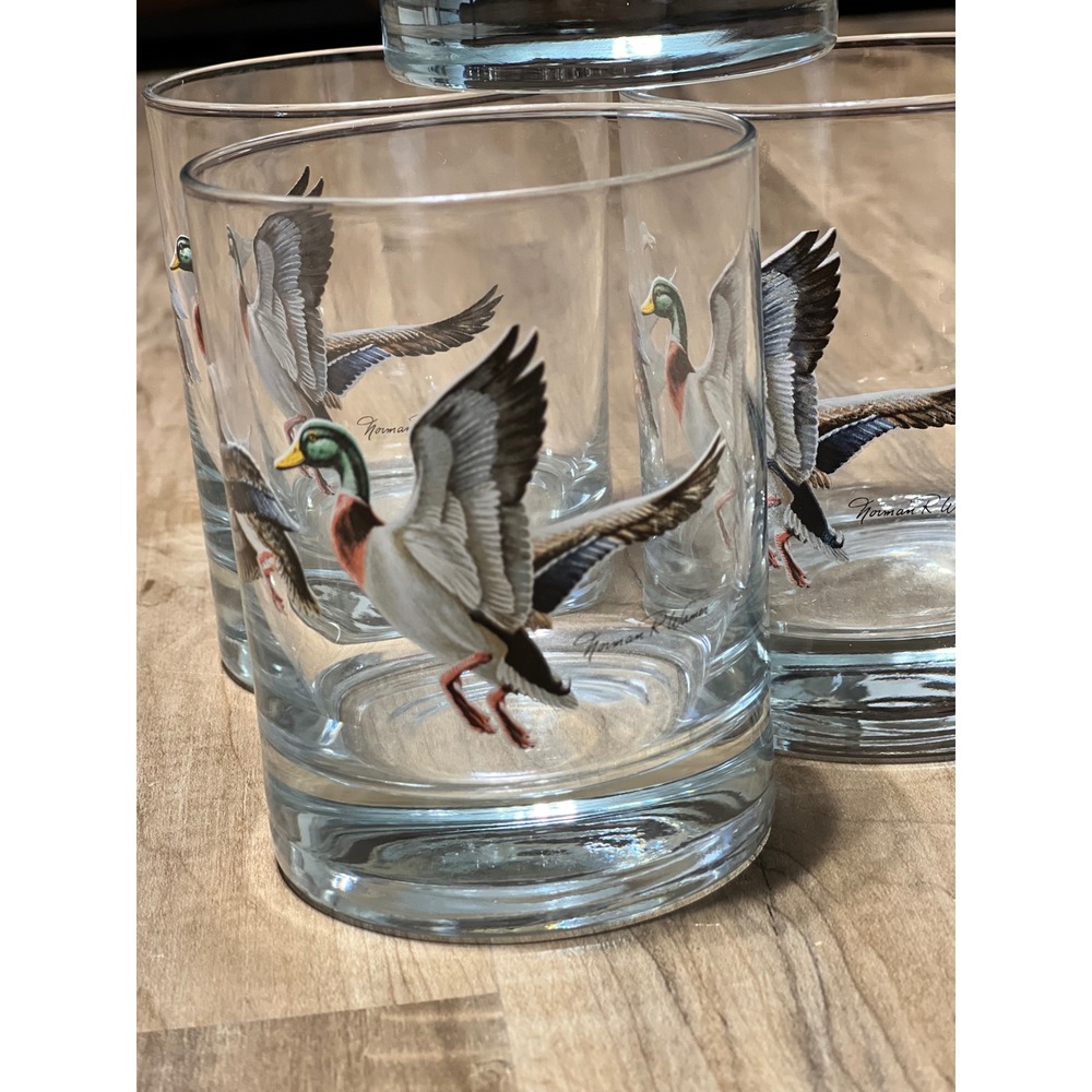 Norman R Adams Mallard Duck Whiskey Glasses Set of 4 Vintage Rocks Lowball Glass - Picture 2 of 5